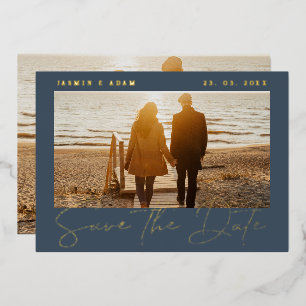 Koninklijke Blauwe en Gouden Fotobruiloft Sla de d Folie Uitnodiging