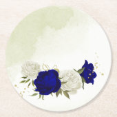 Koninklijke Blauwe en Witte Bloemen Groen Bruiloft Ronde Kartonnen Onderzetter (Voorkant)