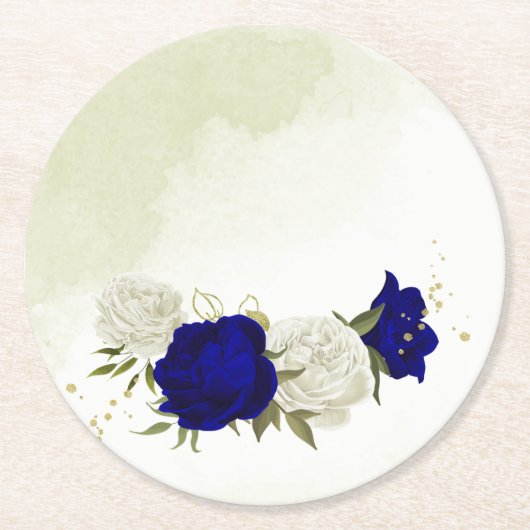 Koninklijke Blauwe en Witte Bloemen Groen Bruiloft Ronde Kartonnen Onderzetter (Voorkant)