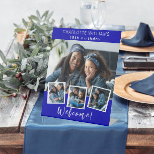 Koninklijke blauwe fotocollage verjaardagsfeestje reclamebord met voetstuk