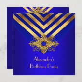 Koninklijke Blauwe Goud Deco Stripe Birthday Party Kaart (Voorkant / Achterkant)