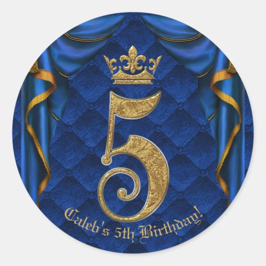 Koninklijke Blauwe & Gouden Kroon 5 5e Verjaardags Ronde Sticker (Voorkant)