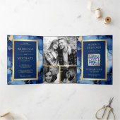 Koninklijke Blauwe Gouden Vloeibare Inkt QR Code H Drieluik Uitnodiging (Binnen)