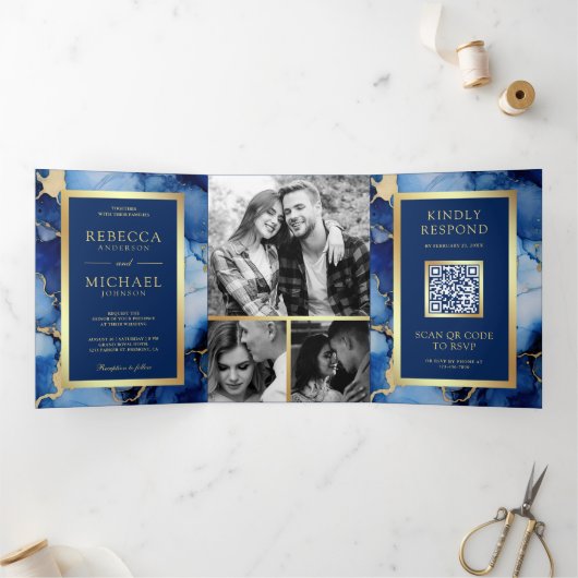 Koninklijke Blauwe Gouden Vloeibare Inkt QR Code H Drieluik Uitnodiging (Binnen)