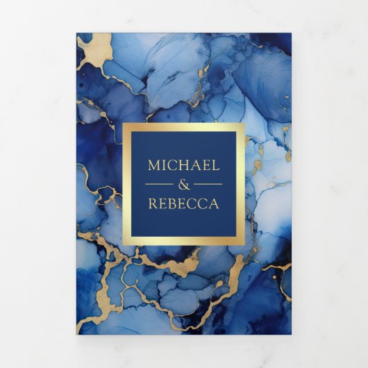 Koninklijke Blauwe Gouden Vloeibare Inkt QR Code H Drieluik Uitnodiging (Cover)