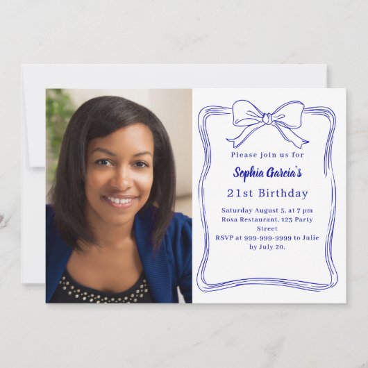 Koninklijke blauwe handgetekende boogfoto verjaard kaart (Voorkant)