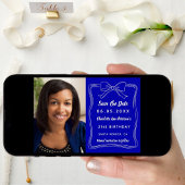 Koninklijke blauwe handgetekende boogfoto verjaard save the date