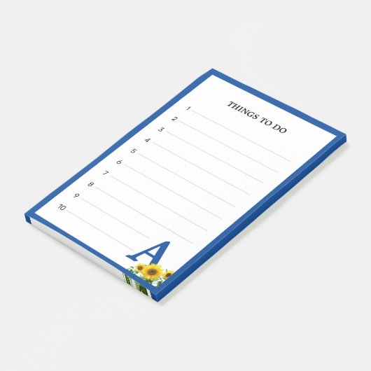 Koninklijke Blauwe Monogram en Zonnebloemen Post-it® Notes (Schuin)