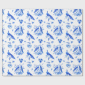 Koninklijke blauwe pauw chinoiserie patroon cadeaupapier (Vlak)