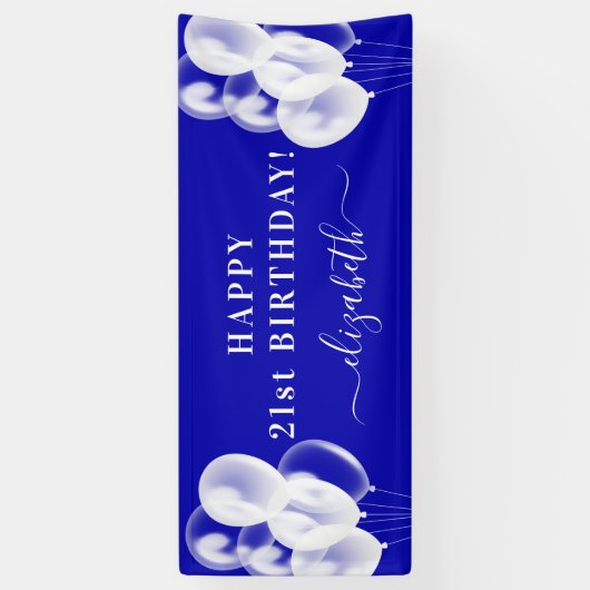 Koninklijke blauwe witte ballonnen naam script ver spandoek (Verticaal)