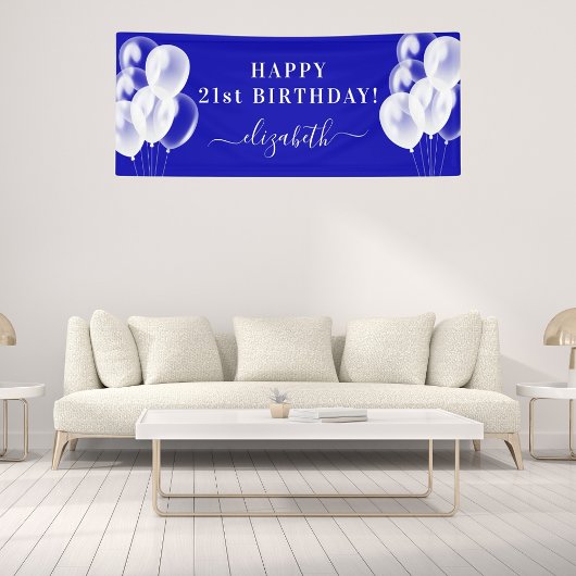 Koninklijke blauwe witte ballonnen naam script ver spandoek