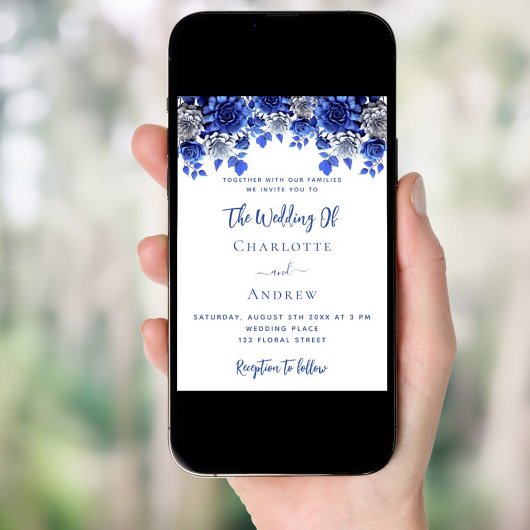 Koninklijke blauwe witte bloemen bruiloft kaart