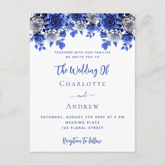 Koninklijke blauwe witte bloemen bruiloft uitnodiging briefkaart (Voorkant)