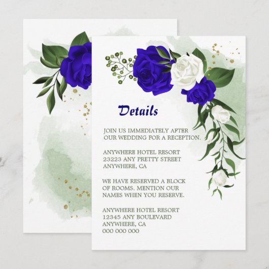 Koninklijke blauwe witte florale groenerdetails informatiekaartje (Voorkant / Achterkant)