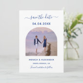 Koninklijke blauwe witte foto bruiloft Sparen de D Save The Date (Staand voorkant)