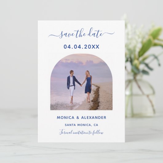 Koninklijke blauwe witte foto bruiloft Sparen de D Save The Date (Staand voorkant)
