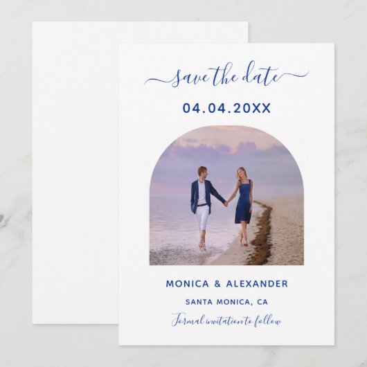 Koninklijke blauwe witte foto bruiloft Sparen de D Save The Date (Voorkant / Achterkant)