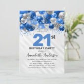 Koninklijke Blauwe Zilveren Ballon Glitter 21e Ver Kaart (Staand voorkant)