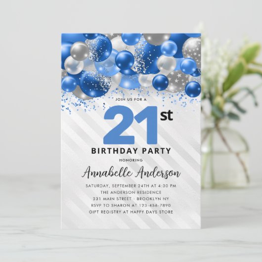 Koninklijke Blauwe Zilveren Ballon Glitter 21e Ver Kaart (Staand voorkant)