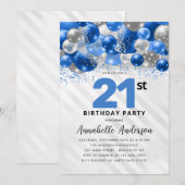 Koninklijke Blauwe Zilveren Ballon Glitter 21e Ver Kaart (Voorkant / Achterkant)