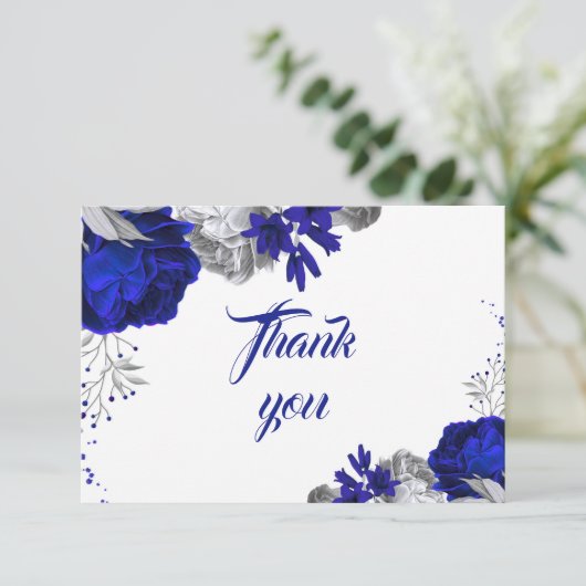 Koninklijke Blauwe Zilveren Bloemen Dank u kaart (Staand voorkant)
