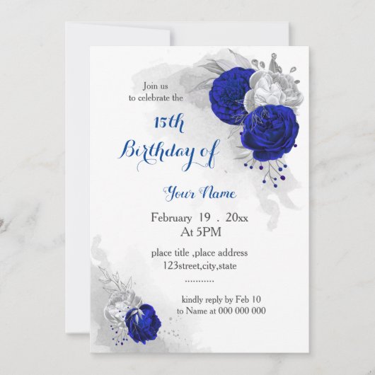 Koninklijke Blauwe Zilveren Bloemen Verjaardag Kaart (Voorkant)