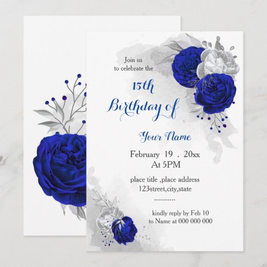 Koninklijke Blauwe Zilveren Bloemen Verjaardag Kaart (Voorkant / Achterkant)
