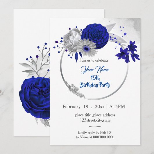 Koninklijke Blauwe Zilveren Bloemkrans Verjaardag Kaart (Voorkant / Achterkant)