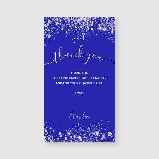 Koninklijke blauwe zilveren glitter magnet bedankt (Voorkant)