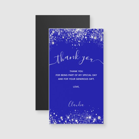 Koninklijke blauwe zilveren glitter magnet bedankt (Voorkant / Achterkant)