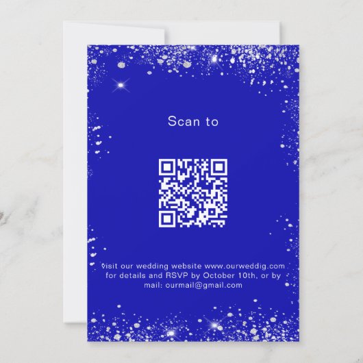 Koninklijke blauwe zilverglitter QR-code RSVP brui Kaart (Achterkant)