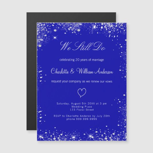 Koninklijke blauwe zilvervow-verlenging bruiloft magnetische uitnodiging (Voorkant / Achterkant)