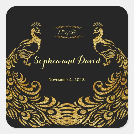 Koninklijke Bourgondië Gouden Pauw Bruiloft Vierkante Sticker (Voorkant)