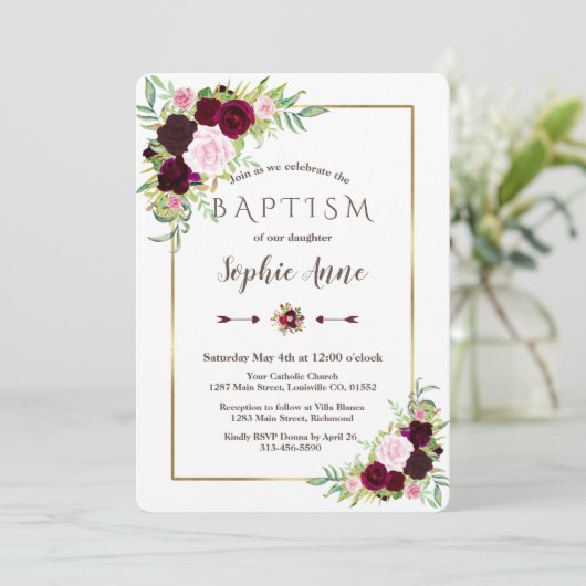 Koninklijke Bourgondië Marsala Bloemenmeisje Doop  Kaart (Staand voorkant)