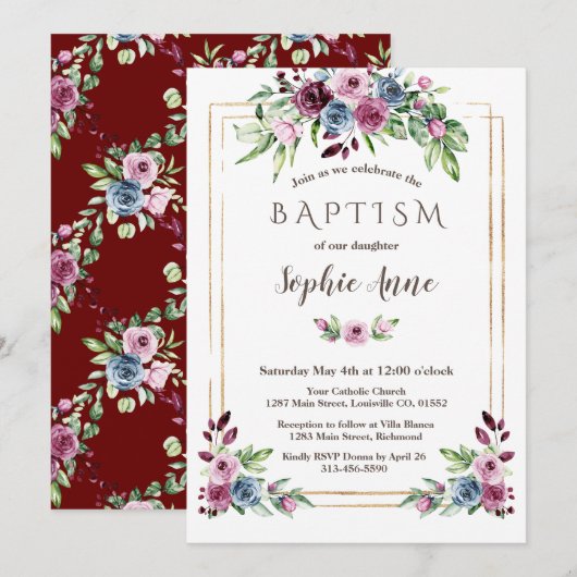 Koninklijke Bourgondië Stofblauw Bloemen Meisje Do Kaart (Voorkant / Achterkant)