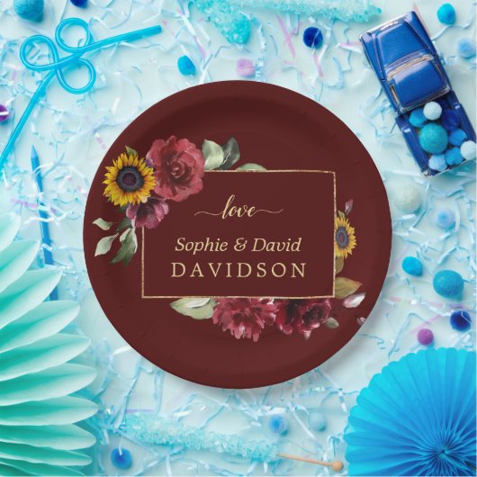 Koninklijke Bourgondië Zonnebloem Gouden Bruiloft Papieren Bordje (Feest)