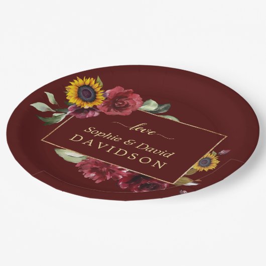 Koninklijke Bourgondië Zonnebloem Gouden Bruiloft Papieren Bordje (Gekanteld)