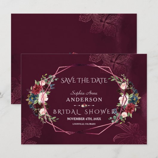 Koninklijke Bourgondische Bloemige Geometrische Br Save The Date (Voorkant / Achterkant)