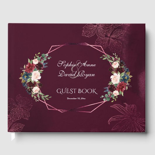 Koninklijke Bourgondische Bloemige Geometrische Tr Gastenboek (Voorkant)