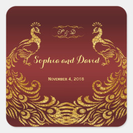 Koninklijke Bourgondische Gouden Pauw Bruiloft Vierkante Sticker
