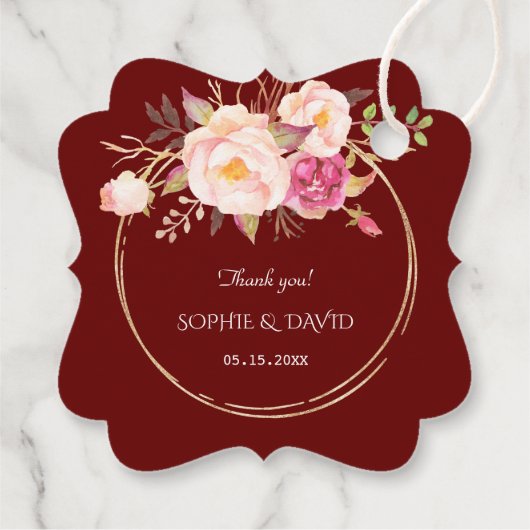 Koninklijke Bourgondische Roze Bloemen Gouden Fram Bedankjes Labels (Achterkant)