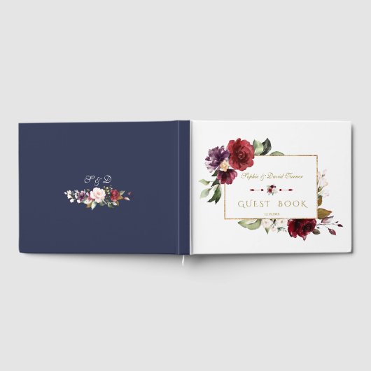 Koninklijke Burgundy Blush Bloemen Gouden Trouw Gastenboek (Volledig)