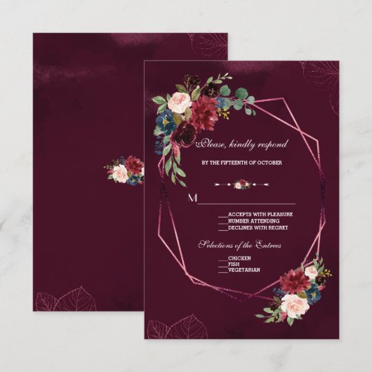 Koninklijke Burgundy Blush Bloemige Geometrische T RSVP Kaartje (Voorkant / Achterkant)