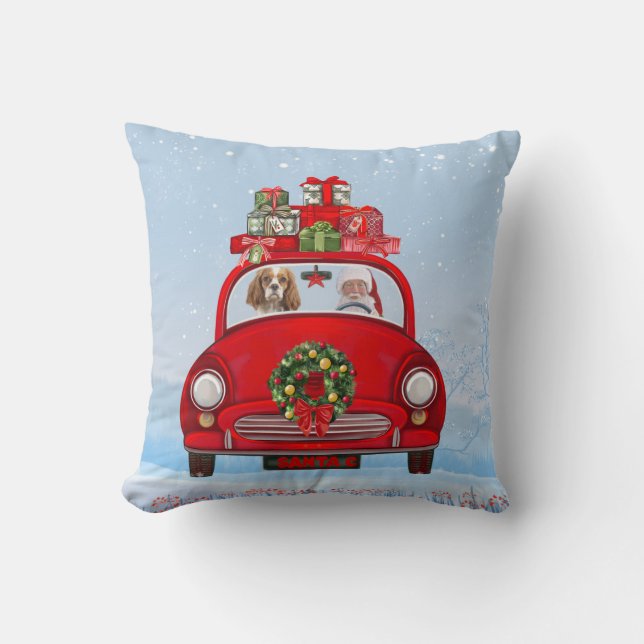 Koninklijke Cavalier Hond in Auto met Kerstman  Kussen (Voorkant)