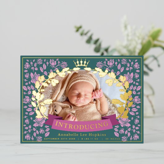 koninklijke foto van Floral Birth Folie Uitnodiging (Staand Voorkant)