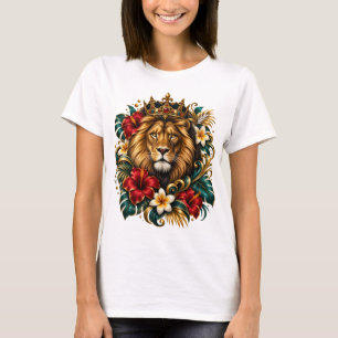 Koninklijke Gekroonde Leeuw Tropische Bloemenkunst T-shirt