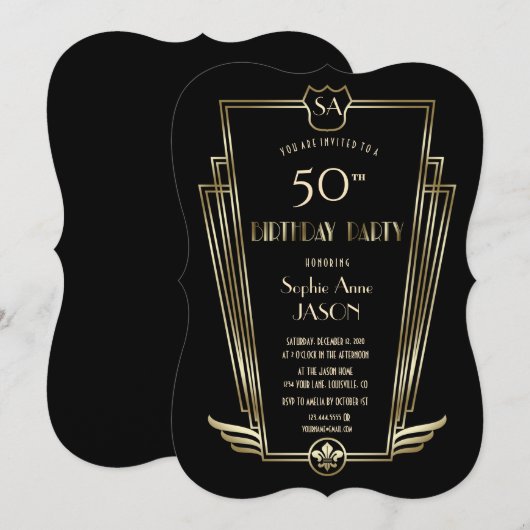 Koninklijke Gold Art Deco Monogram Birthday Party Kaart (Voorkant / Achterkant)