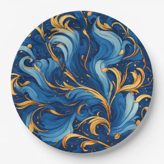 Koninklijke golven van grillige krullen van blauw  papieren bordje
