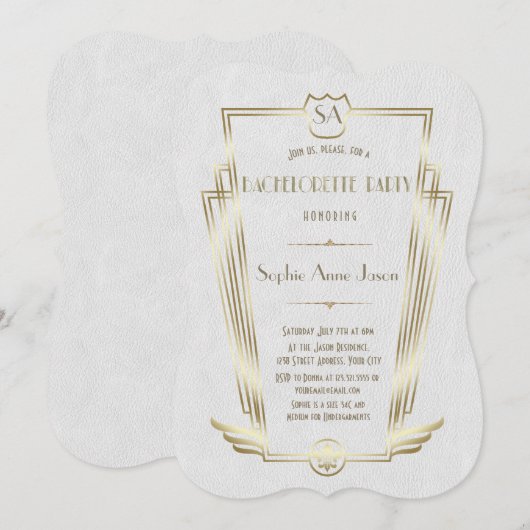 Koninklijke Gouden Art Deco Monogram Vrijgezellenf Kaart (Voorkant / Achterkant)