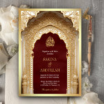 Koninklijke Islamitische Boog Maroon Gouden Moslim Kaart<br><div class="desc">Verras uw gasten met deze elegante islamitische bruiloft uitnodiging met een prachtige boog met ingewikkelde details en moderne typografie met QR Code voor RSVP of voeg uw locatie-URL toe om uw gasten te helpen uw trouwlocatie sneller te vinden. Voeg eenvoudig uw evenementgegevens toe aan deze gebruiksvriendelijke sjabloon om er een...</div>